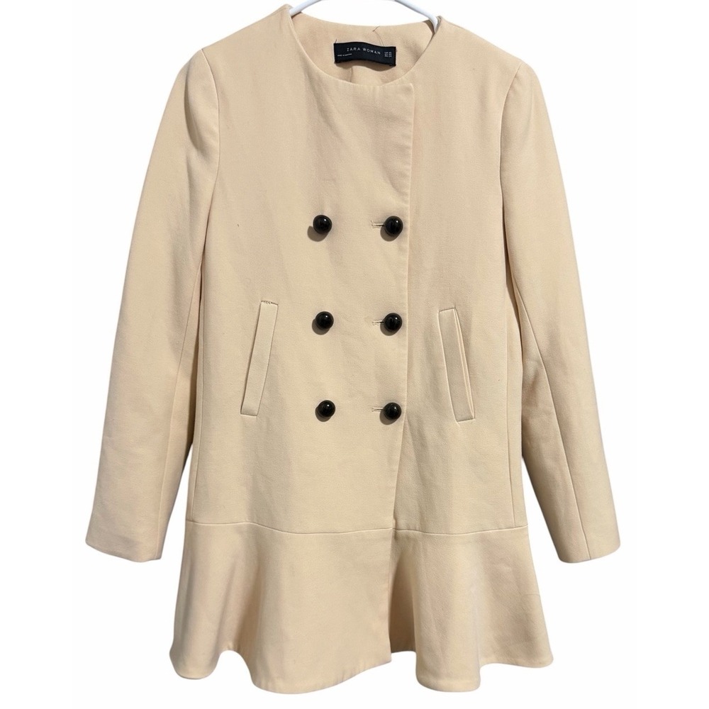 Zara Double Breasted Ruffle‎ Bottom Pea Coat Women's Size XS